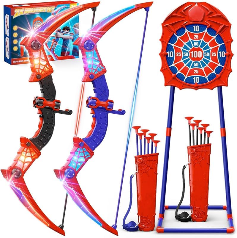 Brinquedos para crianças de 3 a 12 anos, conjunto com 2 aranhas de brinquedo com luzes LED vermelhas e azuis, aranha com alvo fixo e 2 aljavas, brinquedo para uso interno e externo, presente de aniversário para meninos e meninas de 3 a 12 anos.