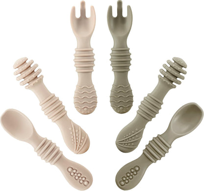 Conjunto de 6 colheres e garfos de silicone para alimentação de bebês | Utensílios de silicone sem BPA para a primeira fase da alimentação independente, para bebês a partir de 6 meses de idade.