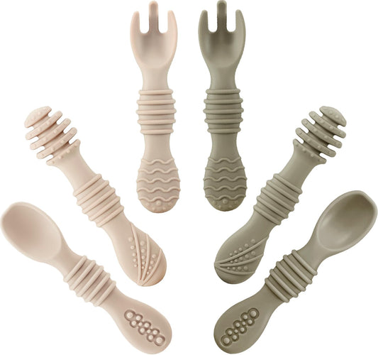 Conjunto de 6 colheres e garfos de silicone para alimentação de bebês | Utensílios de silicone sem BPA para a primeira fase da alimentação independente, para bebês a partir de 6 meses de idade.
