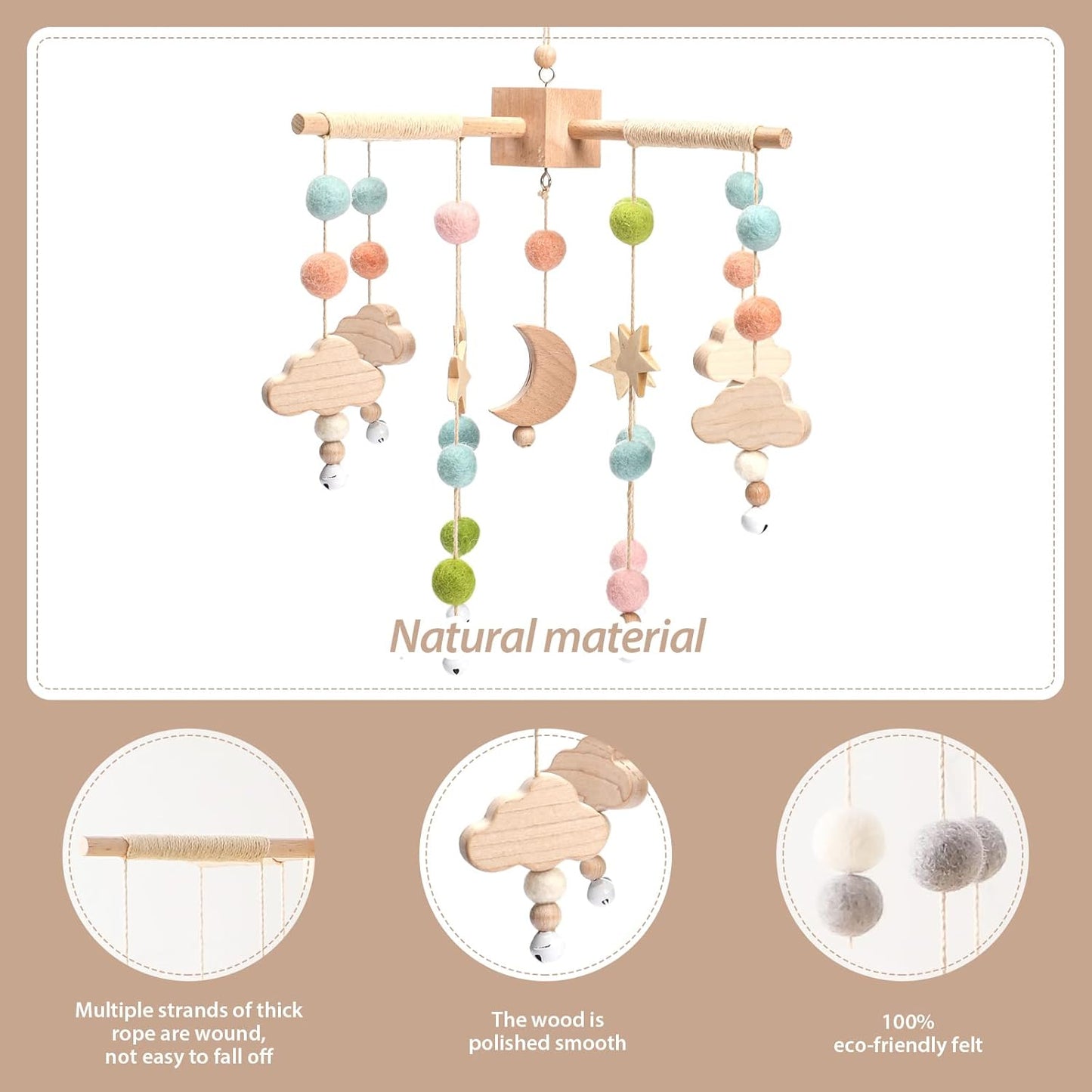 let's make Bolas móviles de madera y forro polar para bebés, campanas de viento, campanas para hamacas de guardería, regalos para recién nacidos para niñas o niños (luna gris)