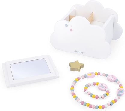 Janod - Caixa de joias com aberturas secretas - Acompanha 1 pulseira de unicórnio e 1 collie de unicórnio - Com gaveta e espelho - 17 cm x 11 cm A partir de 3 anos - J06462