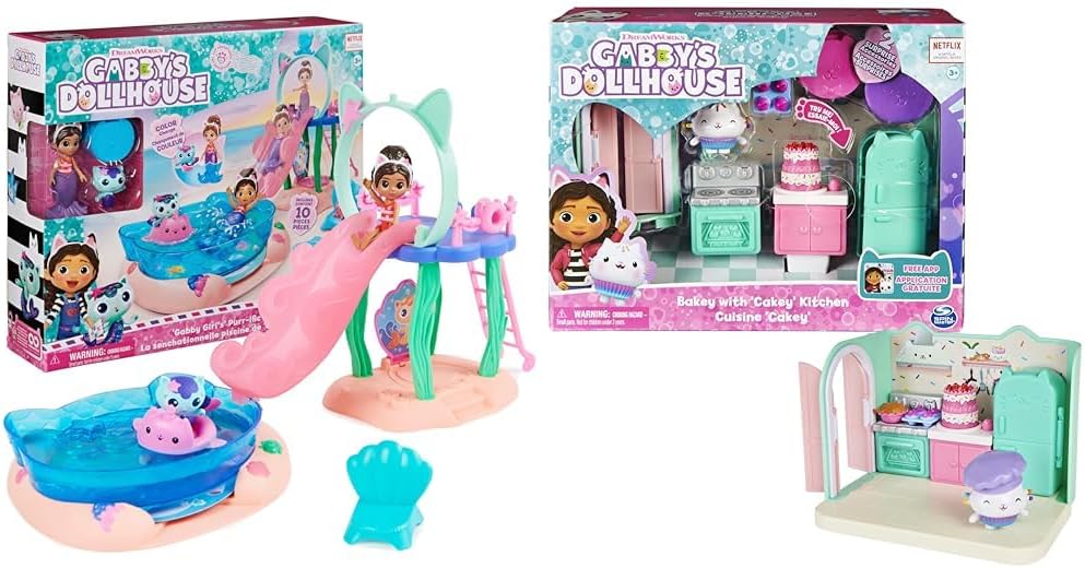 Gabby's Dollhouse, Piscina Purr-ific com figuras da Gabby e da MerCat e cozinha da Bakey com figura e 3 acessórios, 3 peças de mobiliário e 2 entregas. Brinquedos infantis para crianças a partir dos 3 anos.