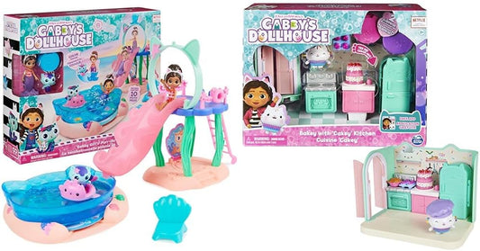Gabby's Dollhouse, Piscina Purr-ific com figuras da Gabby e da MerCat e cozinha da Bakey com figura e 3 acessórios, 3 peças de mobiliário e 2 entregas. Brinquedos infantis para crianças a partir dos 3 anos.