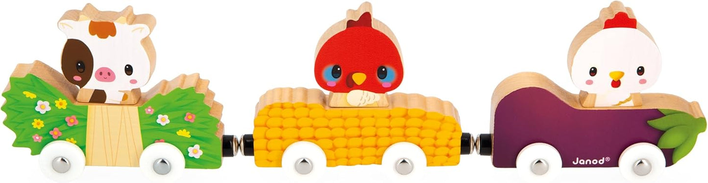 Janod - Animais de Fazenda Magnéticos - Brinquedo de Aprendizagem Precoce - 3 Veículos + 3 Animais em Madeira - Desenvolve Destreza - Jogo de Madeira FSC - 18 Meses +,