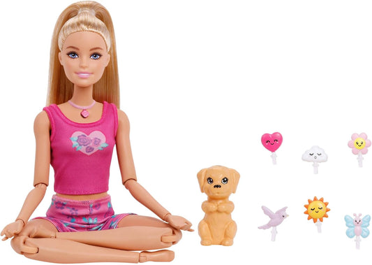 Barbie Mindful Moves Boneca com Roupa de Ioga com 6 Modos de Meditação Ativados por Luzes, Sons e Música, Cachorrinho com 6 Acessórios para Conectar, Loira, JJN55