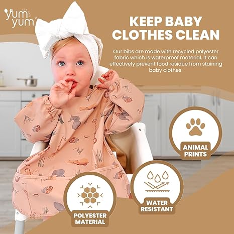 Yum Yum's Babador de silicone para desmame da Baby - Impermeável, fácil de limpar e confortável - Babador de manga comprida para bebês de 6 a 12 meses - Avental multifuncional para alimentação sem sujeira.