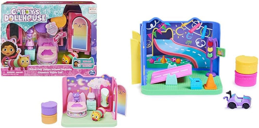 Gabby's Dollhouse, Quarto Doces Sonhos com Almofada em Forma de Gato e 3 Acessórios, Sala de Brincar Carlita Purr-ific com Carrinho de Brinquedo Carlita e Acessórios