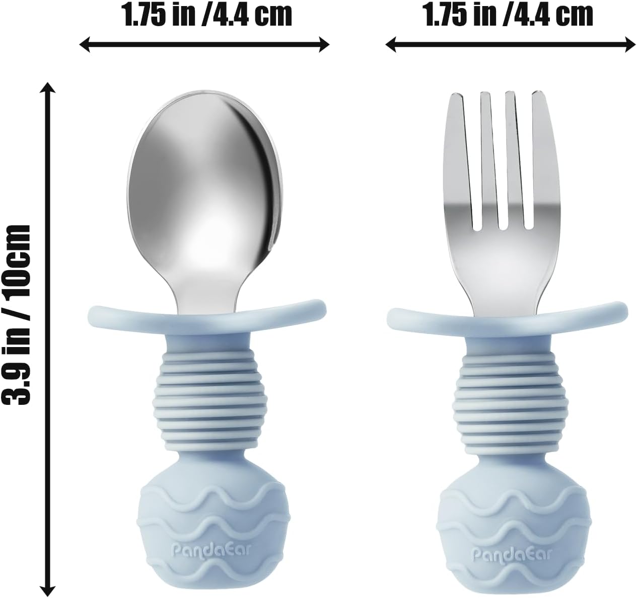 PandaEar Conjunto de 6 colheres e garfos de aço inoxidável para alimentação infantil - Utensílios anti-engasgo para bebês e crianças a partir de 18 meses de idade, ideais para a introdução alimentar guiada (azul/cinza/pêssego).
