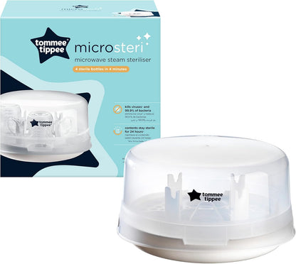 Tommee Tippee Esterilizador a vapor para micro-ondas para mamadeiras, chupetas, bombas de leite materno e acessórios de alimentação. Elimina vírus e 99,9% das bactérias nocivas. Ciclo de esterilização de 4 minutos.