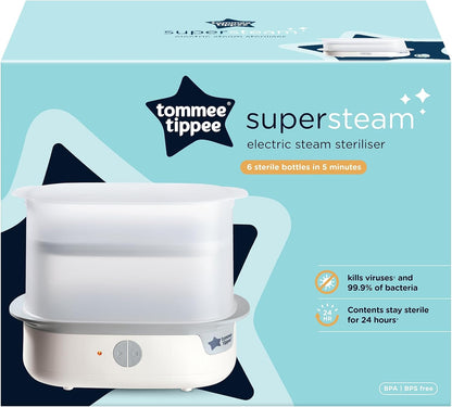 Tommee Tippee Esterilizador a vapor elétrico Supersteam para mamadeiras, elimina vírus e 99,9% das bactérias, ciclo de esterilização de 5 minutos, branco.