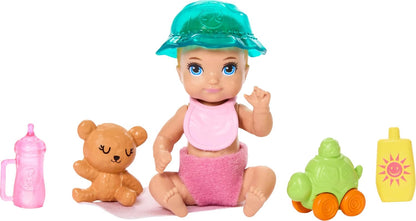 Barbie Conjunto Skipper Babysitters Inc. com boneca morena, boneca bebê loira, carrinho de bebê com cadeirinha removível e 7 acessórios, JJB42