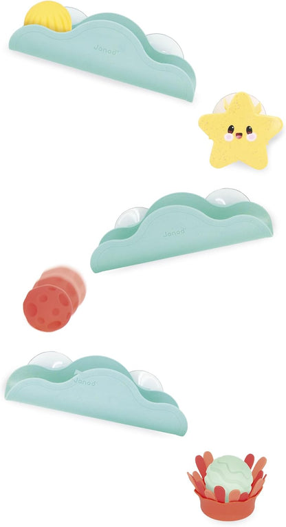 Janod - Circuito de Banho com Ventosa, Bolas e Elementos Giratórios - Brinquedo de Palha de Trigo - Coordenação Motora Fina - A partir de 12 meses - J04732