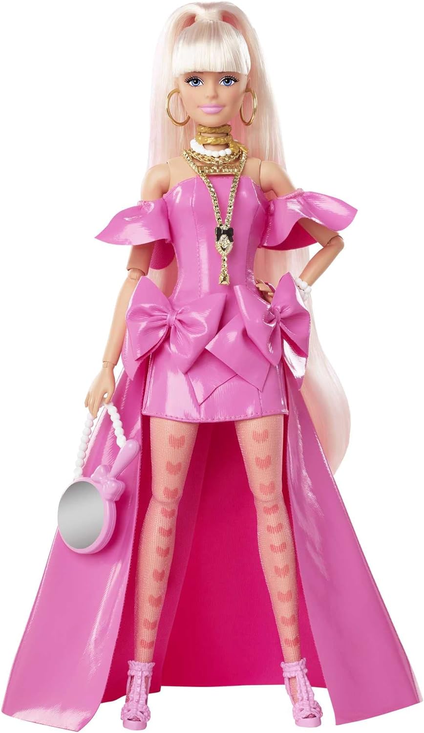 Boneca BARBIE BRAND Extra Fancy em vestido rosa brilhante alto-baixo, com cachorrinho de estimação, cabelo extra longo e acessórios, juntas flexíveis, brinquedo para crianças de 3 anos ou mais, HHN12, multicolorido