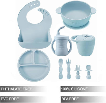 PandaEar Conjunto de alimentação para bebês em silicone | Conjunto de 9 peças para introdução alimentar guiada pelo bebê | Conjunto para alimentação do bebê | Prato dividido com ventosa, tigela, babadores,