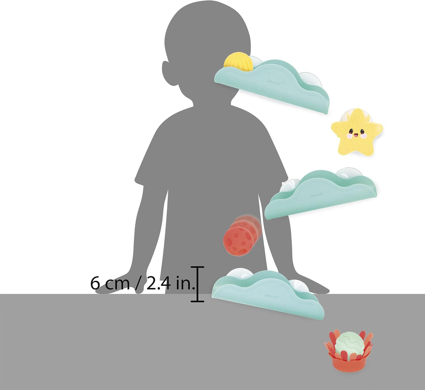 Janod - Circuito de Banho com Ventosa, Bolas e Elementos Giratórios - Brinquedo de Palha de Trigo - Coordenação Motora Fina - A partir de 12 meses - J04732