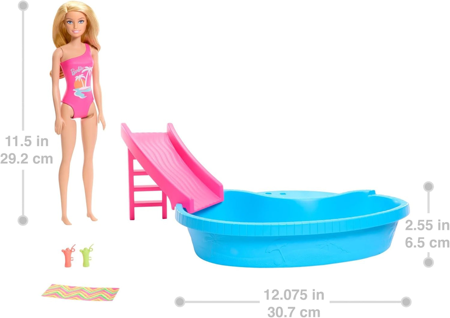 Barbie Boneca e conjunto de piscina, loira em maiô rosa tropical de uma peça com piscina, escorregador, toalha e acessórios para bebidas, HRJ74