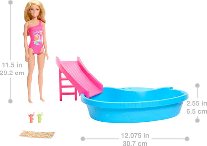 Barbie Boneca e conjunto de piscina, loira em maiô rosa tropical de uma peça com piscina, escorregador, toalha e acessórios para bebidas, HRJ74