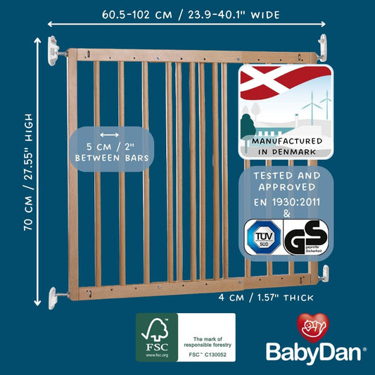 BabyDan Odense, Cubre aberturas entre 60,5-102 cm/23,9-40,1 ​​pulgadas, Puerta de escalera extensible/Puerta para bebés/Puerta de seguridad, Madera, Hecho en Dinamarca - (Puerta para mascotas/Puerta para perros)
