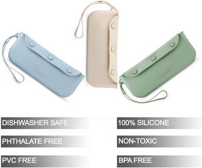 PandaEar Conjunto de 3 Bolsas Porta-Talheres de Silicone para Bebê, Estojo Organizador de Talheres Portátil e Reutilizável para Bebês e Crianças, Ideal para Colheres, Garfos e Hashis.