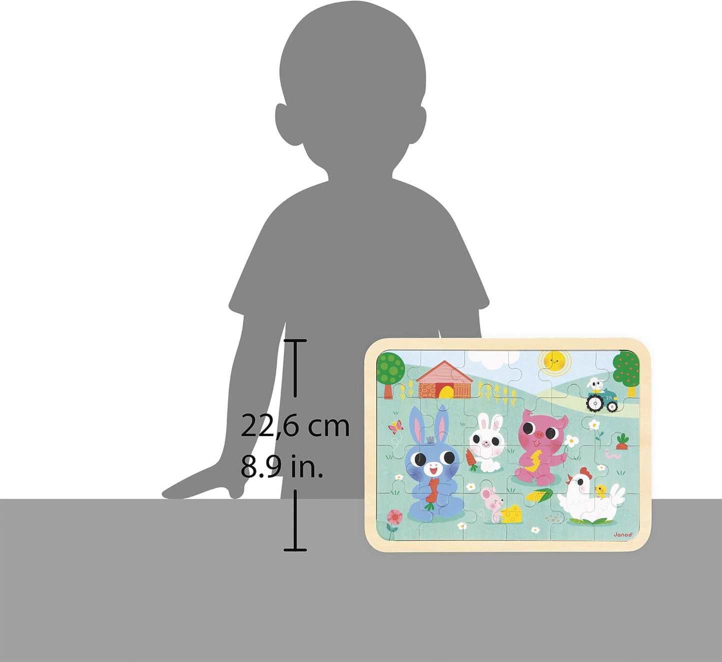 Janod - Quebra-cabeça de Madeira 24 Peças Infantil A partir de 4 anos - Tema Fazenda - Modelo incluso + Jogo dos 5 Erros no Tabuleiro - Desenvolve Concentração e Observação - Produto FSC - J07126