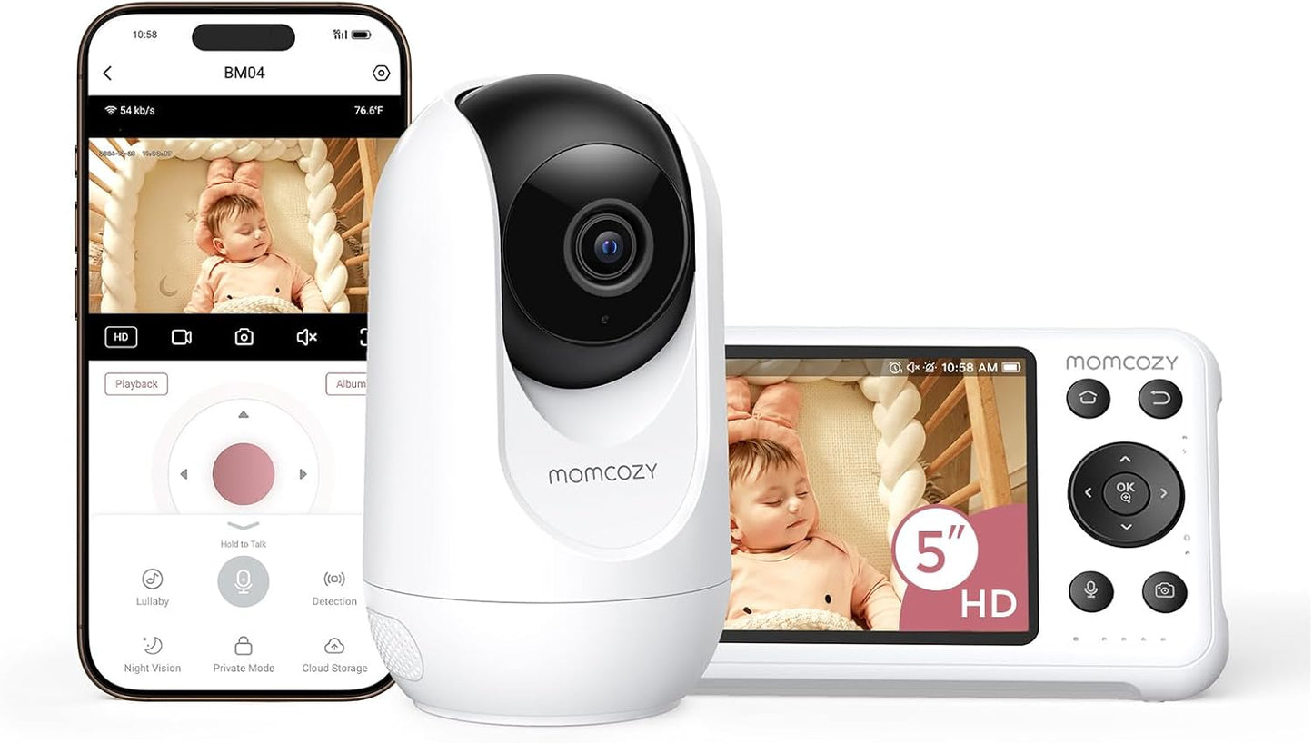momcozy Babá Eletrônica Inteligente com Wi-Fi – Tela HD 1080p, Alertas de Movimento e Choro, Visão Noturna, Zona Segura e Monitoramento de Temperatura, Comunicação Bidirecional, Acesso ao Aplicativo e à Unidade dos Pais, Pode Ser Montada na Parede