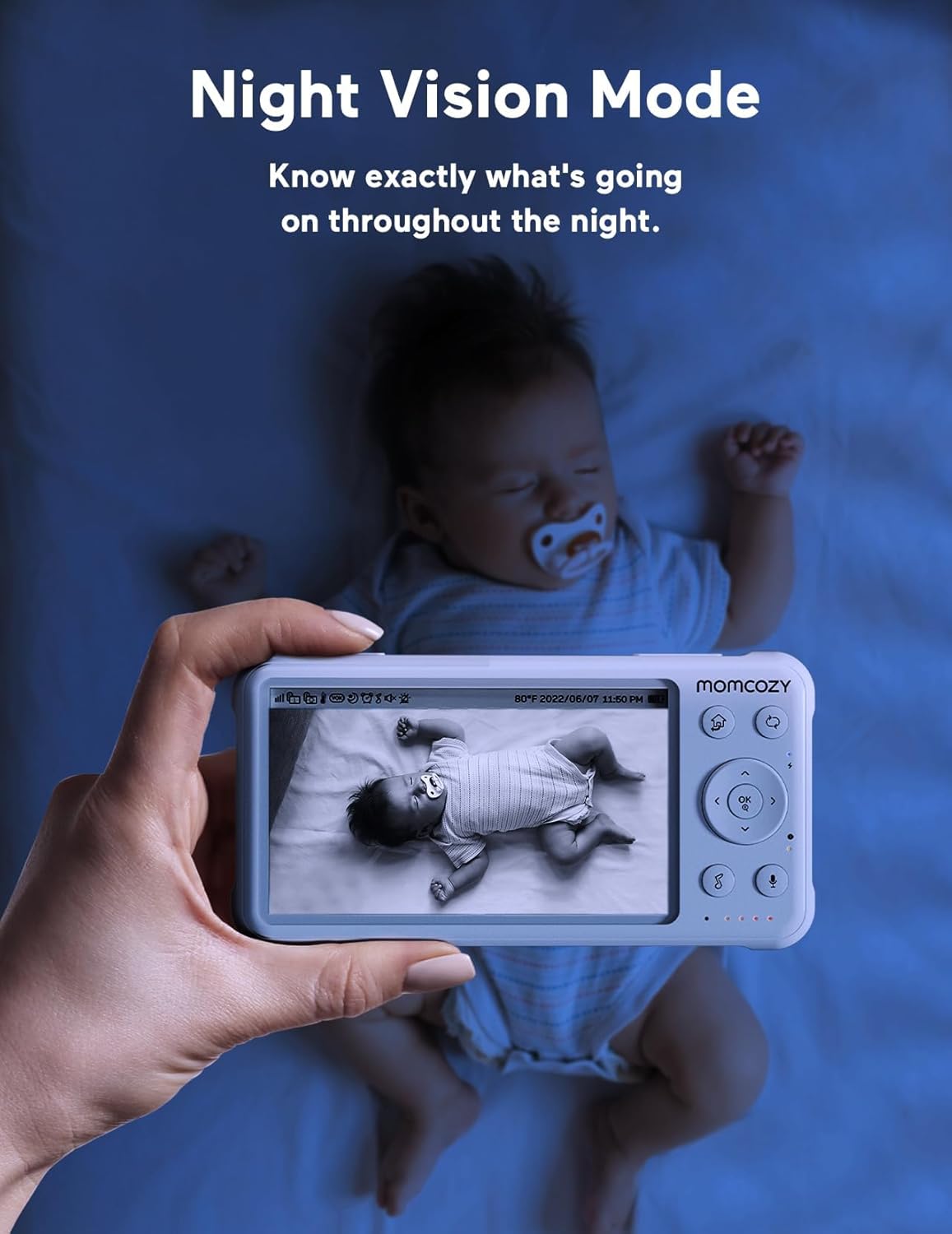 momcozy Babá eletrônica com 2 câmeras, tela dividida de 5 polegadas 1080P com lente grande angular integrada, câmera e áudio, sem Wi-Fi, bateria de 5000 mAh, visão noturna infravermelha, alcance de 293 metros.
