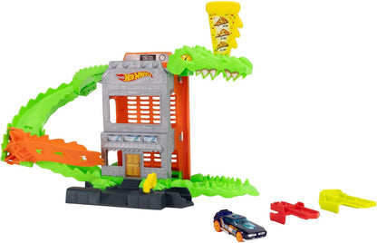 Hot Wheels Conjunto "Ataque da Pizza do Crocodilo" e carrinho em escala 1:64 | Lance os carrinhos pela pista para vencer o crocodilo inimigo e evitar ser devorado