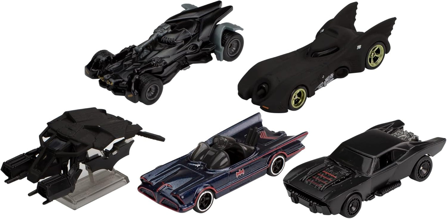 Hot Wheels Pacote Batman, 5 Batmóveis favoritos dos fãs, escala 1:64, veículos de brinquedo, embalagem especial, para brincar ou exibir, para fãs e colecionadores do Batman.