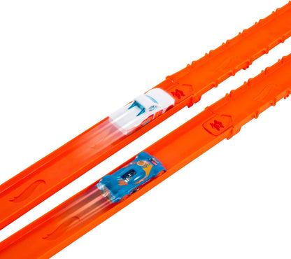 Conjunto de Pista de Carrinhos Hot Wheels, Pacote Deluxe Track Creator com 2 Veículos Die-Cast em Escala 1:64, 7,62 metros de Pista Speed Snap de Diferentes Comprimentos e Conectores, JDW42