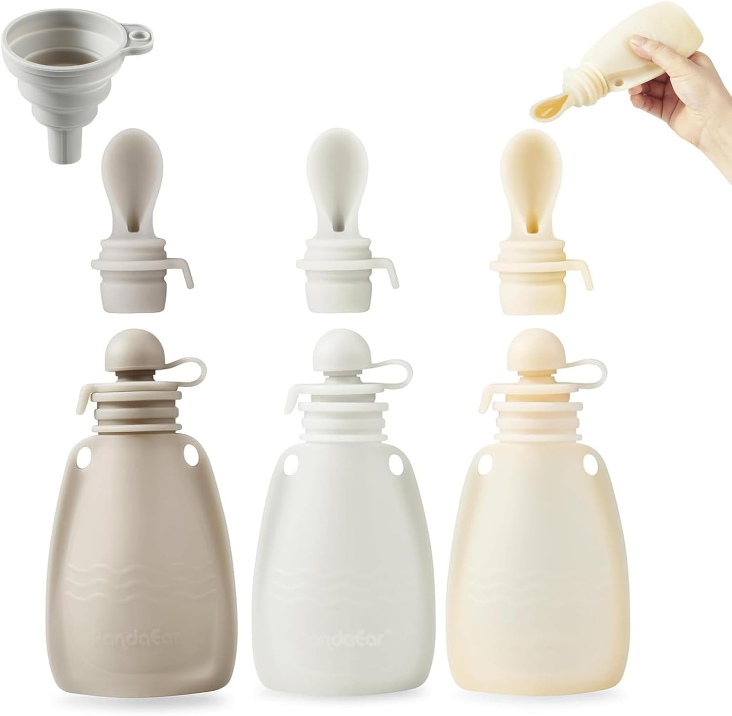 PandaEar Conjunto de 3 saquinhos de silicone reutilizáveis para papinha da, com 3 colheres dosadoras de silicone para purê e armazenamento de alimentos para bebês (cinza claro e nogueira).