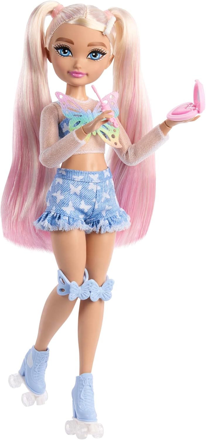 Barbie Dream Besties Boneca e Acessórios, Barbie “Malibu” Boneca Fashion Articulada de Patins com Cabelo Loiro, 9 Peças de Maquiagem Temáticas, JFX96
