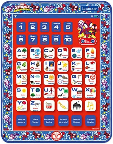 LEXIBOOK, Homem-Aranha e Seus Incríveis Amigos, Tablet Educativo Bilíngue, Brinquedo para aprender o alfabeto, números, palavras, ortografia e música, Inglês/Francês, Azul/Vermelho, JCPAD002SPi1