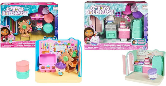 Casa de bonecas da Gabby, cozinha Bakey com boneco e 3 acessórios, quarto Baby Box Craft-A-Riffic com boneco de gato Baby Box e acessórios.