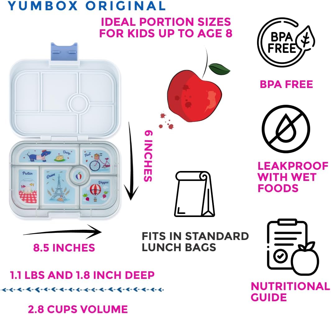 yumbox Recipiente original de lancheira Bento à prova de vazamentos para crianças (cinza nebuloso (bandeja de Paris))
