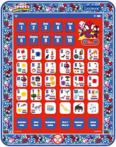 LEXIBOOK, Homem-Aranha e Seus Incríveis Amigos, Tablet Educativo Bilíngue, Brinquedo para aprender o alfabeto, números, palavras, ortografia e música, Inglês/Alemão, Azul/Vermelho, JCPAD002SPi3