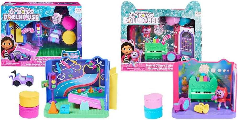 Gabby's Dollhouse, Sala de Música Groovy com Figura de Catnip do Daniel James, 2 Acessórios, 2 Móveis e 2 Entregas & Sala de Brincar Carlita Purr-ific com Carrinho de Brinquedo Carlita e Acessórios