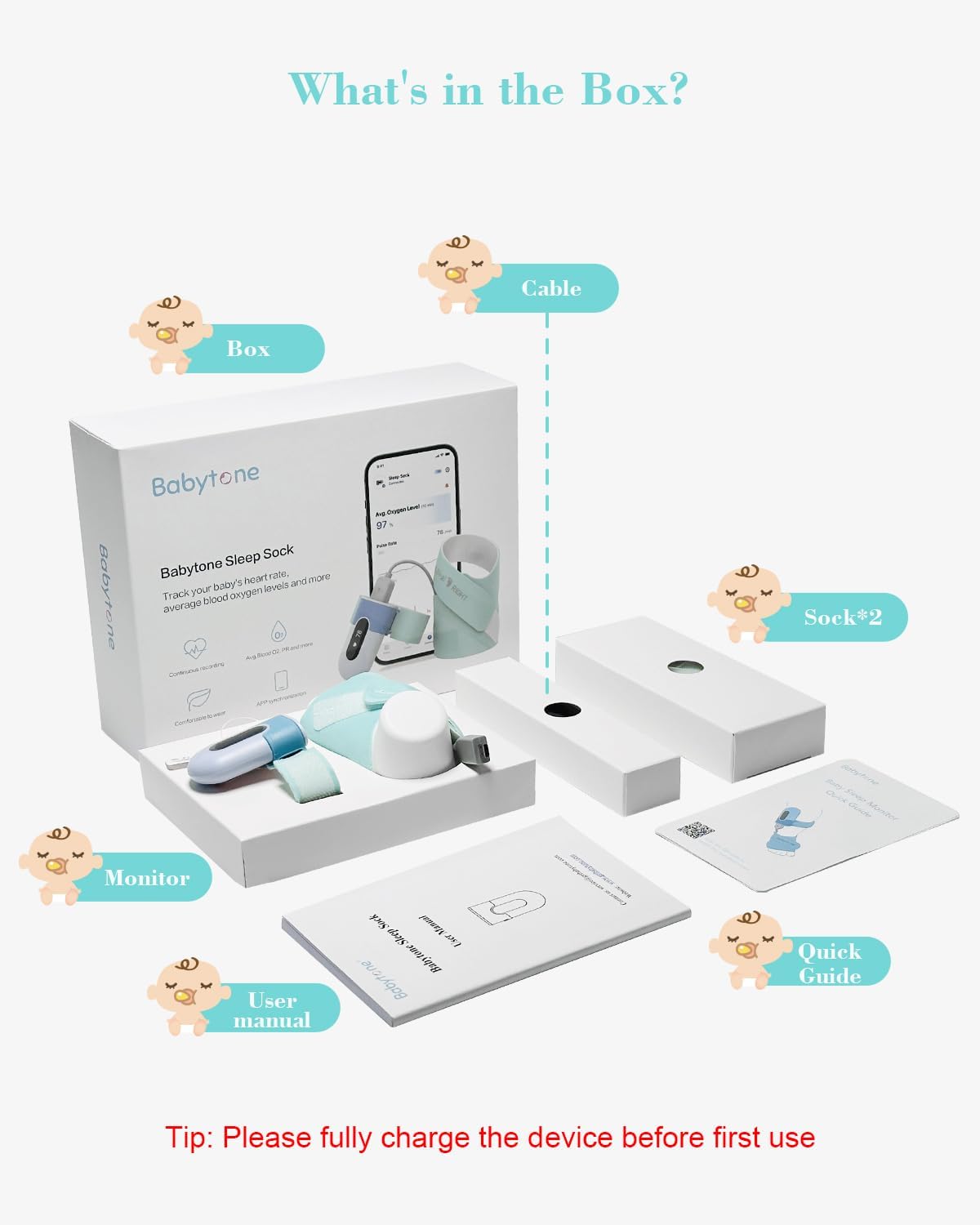 Babytone Baby Sleep Monitor, Meia Inteligente para Bebês que Monitora a Frequência Cardíaca, Nível de Oxigênio e Movimento, Monitor de Pés para Bebês Vestível com APP Bluetooth para Recém-nascidos de 0 a 36 Meses