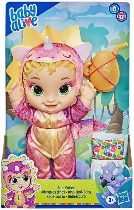 Muñeca Baby Alive Dino Cuties, Triceratops, accesorios para muñecas, bebidas, húmedo, juguete de dinosaurio Triceratops para niños a partir de 3 años, pelo rubio