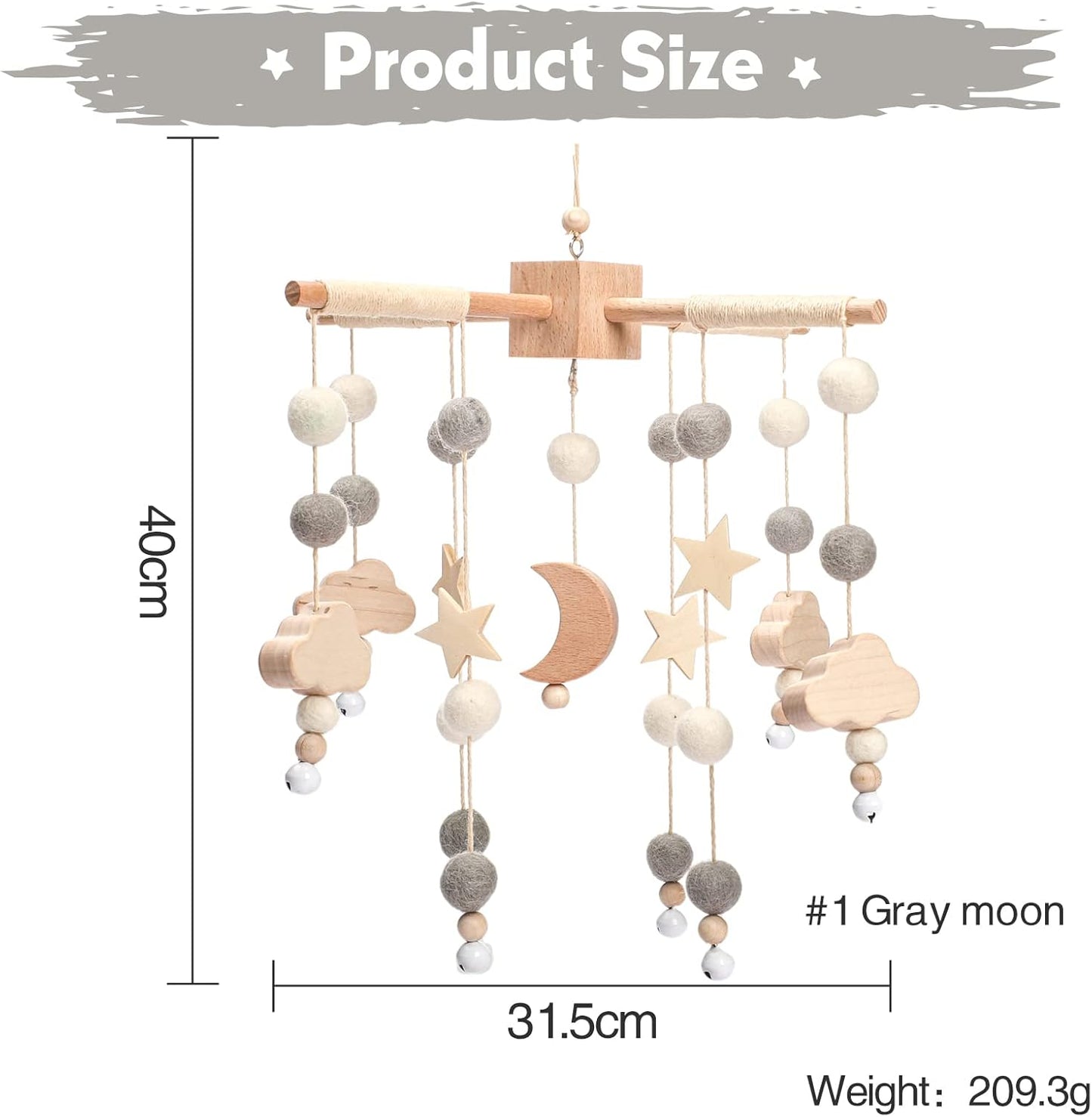 let's make Bolas móviles de madera y forro polar para bebés, campanas de viento, campanas para hamacas de guardería, regalos para recién nacidos para niñas o niños (luna gris)