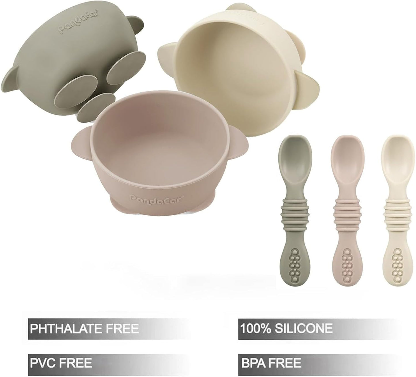 PandaEar Conjunto de 3 Tigelas com Ventosa para Bebê com 3 Colheres, Tigela de Silicone Fixa para Alimentos, Suprimentos para Introdução Alimentar para Bebês e Crianças Pequenas, Livre de BPA (Marrom Linho Bege)