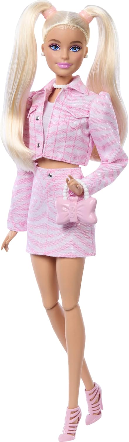 Barbie Deluxe Style Boneca nº 9 com Roupa Jeans Rosa, Cabelo Loiro, Conjunto de Jaqueta e Saia Combinando com Acessórios como Bolsa de Laço e Joias Peroladas, JJN69