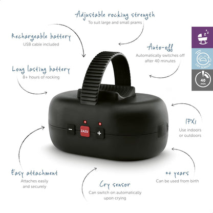 ZAZU Robby Baby Rocker - Cadeira de balanço automática para carrinho de bebê, força ajustável, temporizador de 40 minutos, sensor de choro, bateria de longa duração, resistente à água, ajuste universal