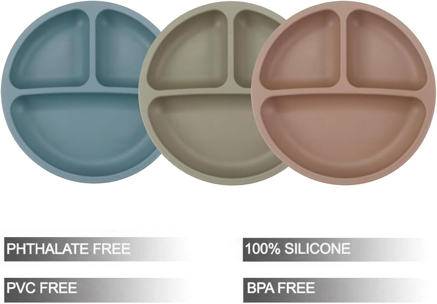 PandaEar Conjunto de 3 Pratos Infantis com Ventosa para Introdução Alimentar, Incluindo 3 Colheres, Pratos de Silicone para Crianças, Prato Dividido com Ventosa Inquebrável, Antiderrapante, Atóxico e Livre de BPA