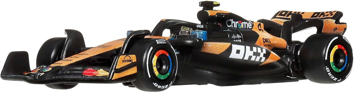 Hot Wheels Carro de corrida Premium da equipe McLaren Mastercard de Fórmula 1 | Carrinho colecionável do Lando Norris com pneus "Real Riders" e carroceria e chassi totalmente em metal