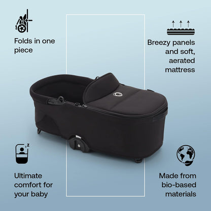 Berço Bugaboo Dragonfly, alcofa com colchão arejado e avental, dobra fácil com uma mão com carrinho de bebê em qualquer posição, carrinho Dragonfly City compatível, preto meia-noite