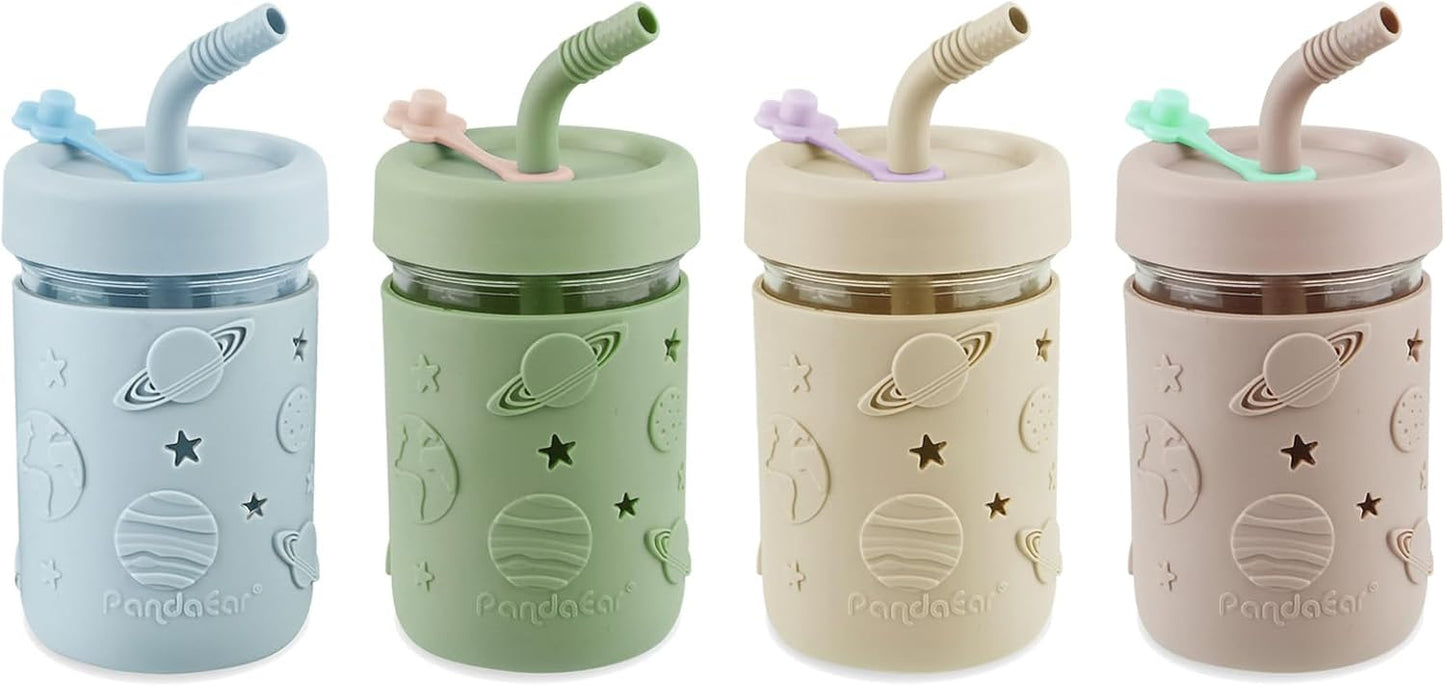 PandaEar Conjunto de 4 copos de vidro para crianças e bebês, copos de vidro estilo Mason Jar de 250ml com capas de silicone e canudos, copos anti-vazamento para smoothies infantis.