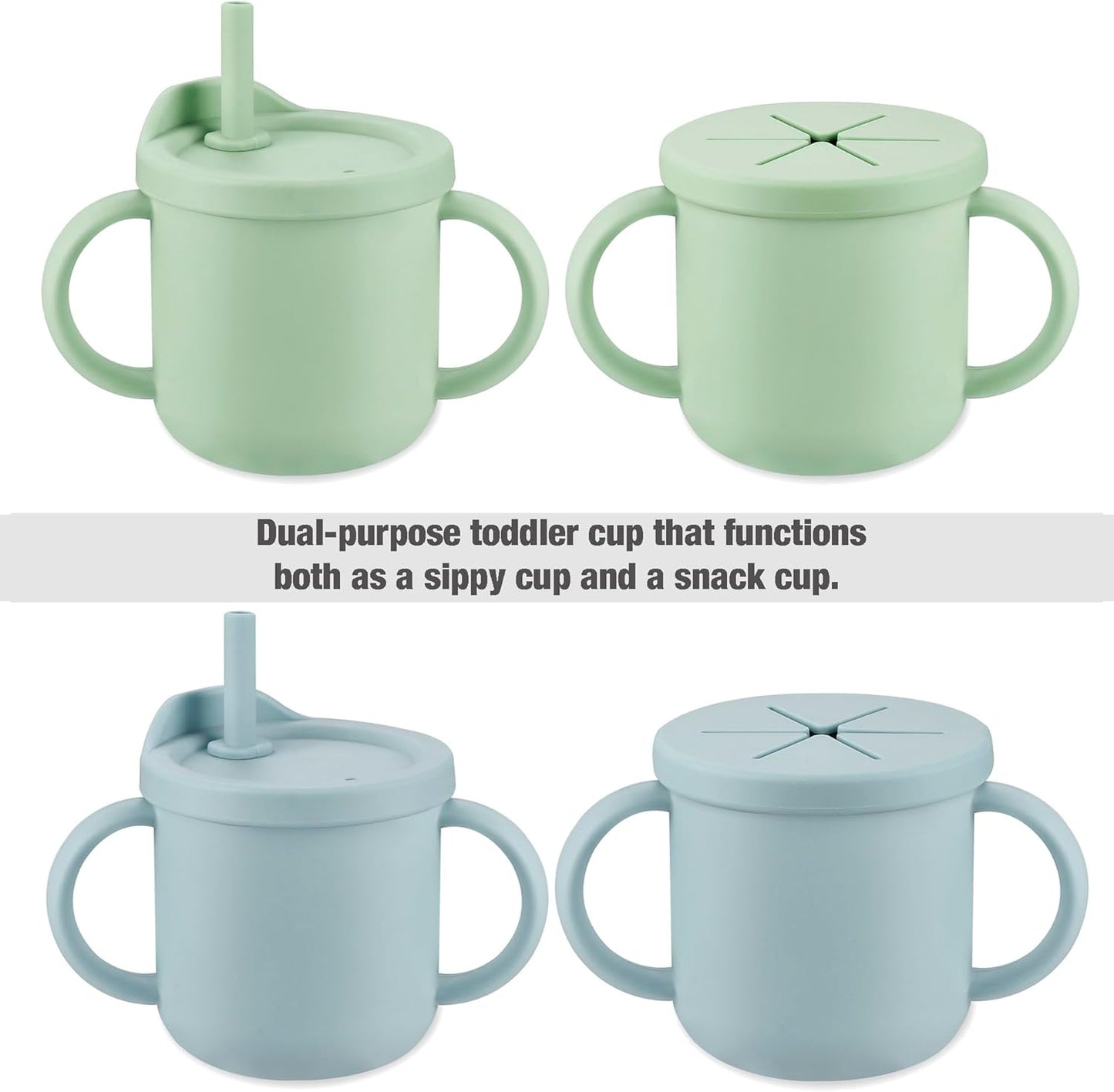 PandaEar Conjunto de alimentação para bebês em silicone | 2 pratos divididos com ventosas e 2 copinhos com 2 colheres e 2 garfos | Utensílios para alimentação independente para bebês (azul claro/verde claro)