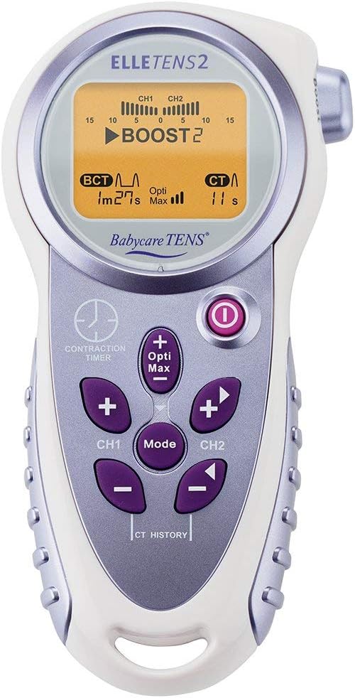 Elle TENS 2 com temporizador de contrações e tecnologia Opti-Max - TENS de duplo canal para alívio da dor durante o trabalho de parto - pode ser usado após o parto - com eletrodo e baterias.
