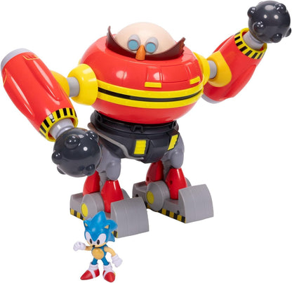 Conjunto de batalha do robô gigante Eggman do Sonic The Hedgehog, oficialmente licenciado pela Jakks Pacific, com 22,9 cm de altura, inclui o robô Eggman com canhão e uma figura do Sonic. Ideal para meninos.