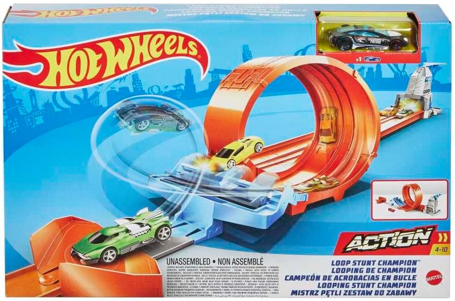 Hot Wheels Conjunto de Pista Loop Stunt Champion com Loop Duplo, Lançamento Duplo, Rampa de Mola e 1 Carrinho Hot Wheels para Crianças a partir de 4 Anos, GTV13